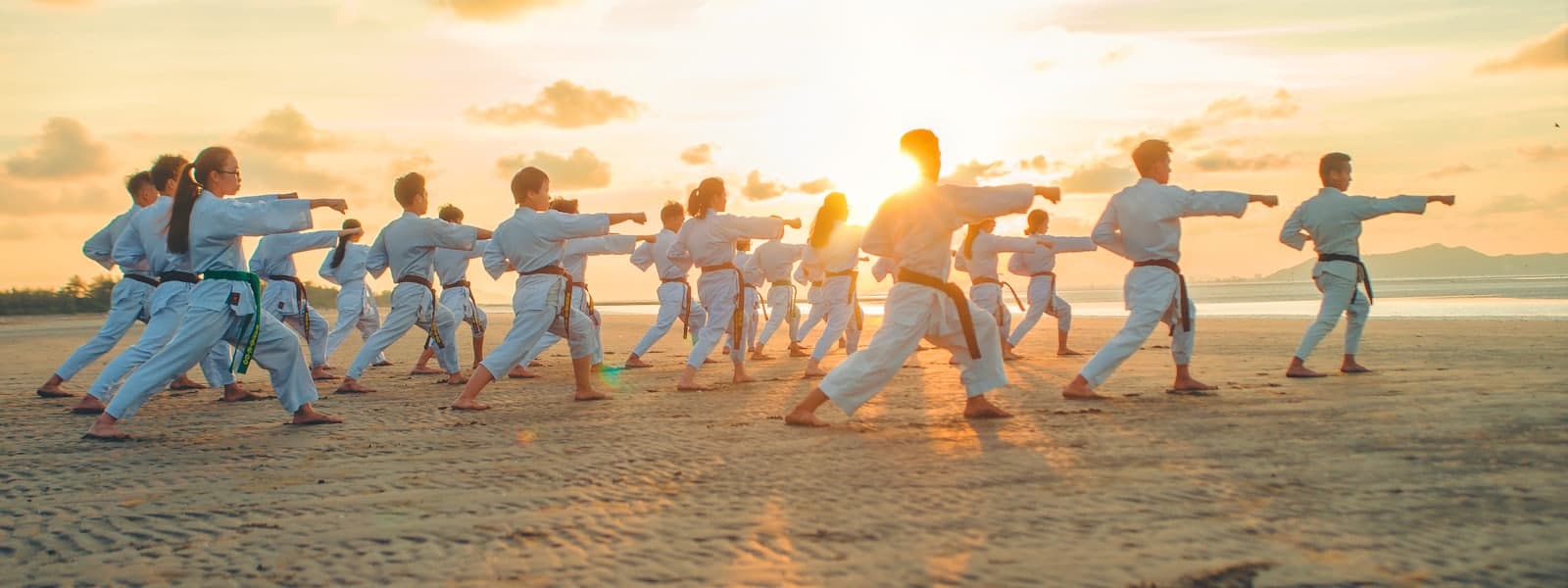A martial arts class training together at sunset