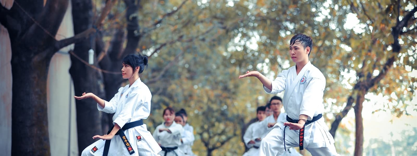 A martial arts class training outdoors
